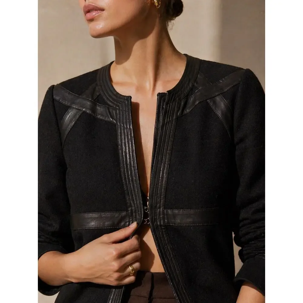 Chloé Chloe Black Wool Cashmere Jacket Leather Trim Paris 40 Cardigan